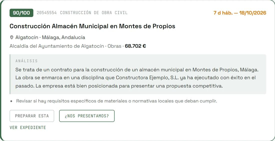 Captura real del Radar de LicitacionESP: una licitación con su puntuación de encaje, el plazo y el análisis.